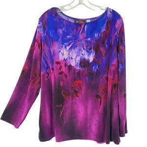 Bob Mackie Wearable Art 1X colorful floral Top 3/4 Sleeve Slinky Knit tunic
